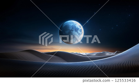 Surreal desert under glowing blue moonlight with rippling dunes and twilight sky blending into starry night Surreal desert under glowing blue moonlight with rippling dunes and twilight sky blending into starry night 125533416