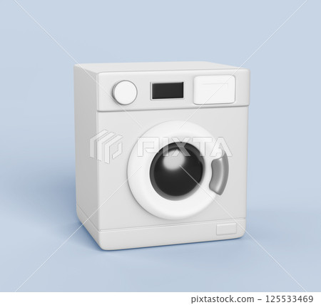 3d washing machine or dryer render. Realistic white automatic washer for wash or dry clothes. Modern household appliances for home or public laundry room isolated on blue background. 3D illustration 125533469