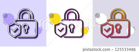 Security lock line icon. Halftone dotted pattern. Gradient icon with grain shadow. Cyber defence shield sign. Private protection symbol. Line security lock icon. Various designs. Vector 125533486