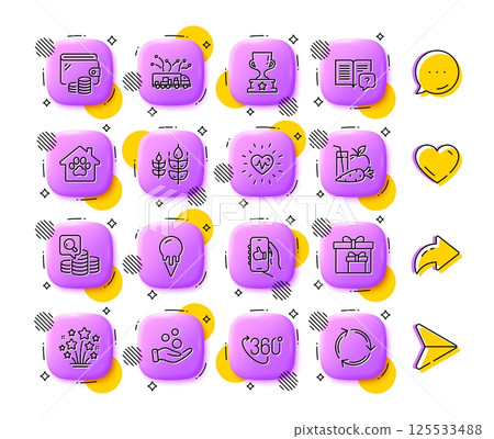 360 degree, Winner cup and Fireworks stars line icons. App 3d buttons. Social media comment, share, like icons. Pack of Truck delivery, Delivery boxes, Pet shelter icon. Vector 125533488