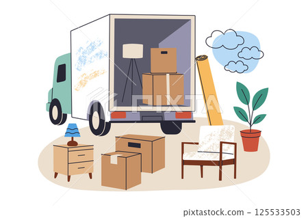 Flat cartoon illustration of moving truck loaded with furniture and boxes, home items placed in front of vehicle, movers service, vector composition of relocation and new beginnings Flat cartoon illustration of moving truck loaded with furniture and boxes, home items placed in front of vehicle, movers service, vector composition of relocation and new beginnings 125533503
