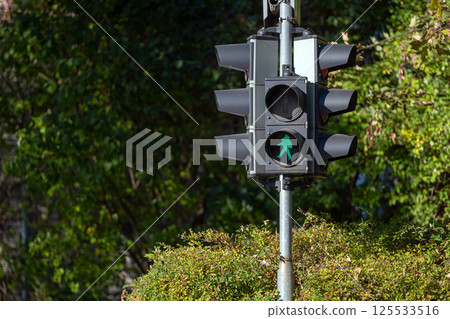 A bright yellow pedestrian crossing sign stands near colorful autumn foliage. A bright yellow pedestrian crossing sign stands near colorful autumn foliage. 125533516
