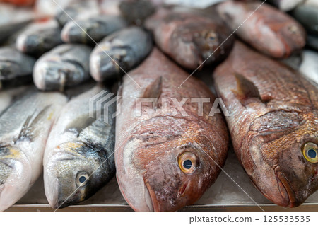 Freshly caught fish displayed on ice at a bustling market in the early morning 125533535