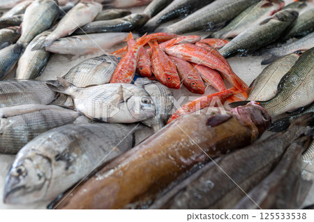 Multiple types of fish are lined up on ice at a lively market in the morning. 125533538