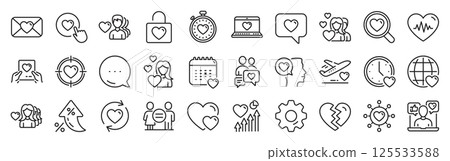 Love line icons. Settings gear, Message, Inflation icons. Couple, Romantic and Heart icons. Valentines day love symbols. Divorce or Break up heart, romantic couple. Vector 125533588