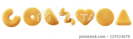 Yellow fur fluffy geometric 3d shapes render icon set. Abstract fuzzy ball, heart, ring, hemisphere, triangle, spiral line, love symbol with hair texture, isolated design elements. 3D illustration 125533679