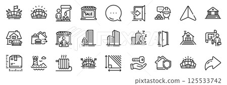 Package size, Buying house and Plan line icons pack. Share, Message, Paper plane icons. Night city, Food delivery, Furniture moving web icon. Open door, Radiator, Market buyer pictogram. Vector 125533742
