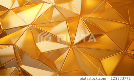 Golden, yellow triangles background glossy start-up presentation, design shiny amber 3d realistic caramel color toned. Abstract glittering cover illustration. Backdrop, banner 125533771