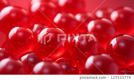 Red abstract background with spheres or balls composition plastic bright bubbles. Glossy rounded objects, modern trendy banner 125533774