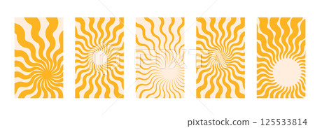 Yellow sun rays backgrounds set. Wavy rays in groovy style. Abstract sun burst poster. Psychedelic texture. 70s, 80s design. Radial wave lines. Vector illustration isolated on white background Yellow sun rays backgrounds set. Wavy rays in groovy style. Abstract sun burst poster. Psychedelic texture. 70s, 80s design. Radial wave lines. Vector illustration isolated on white background 125533814