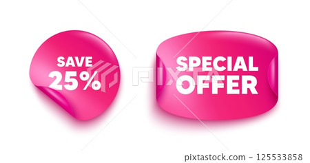 Discount sticker banner. Paper price label. Save 25 percent off tag. Sale Discount offer price sign. Special offer symbol. Paper sticker with message. Offer label banner. Vector 125533858