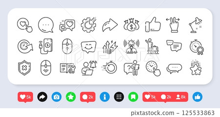 Phone charging, Touchscreen gesture and Like line icons pack. Social media: share, comment, like icons. Search employee, Seo gear, Check investment web icon. Vector 125533863