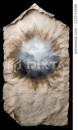 Ancient scroll with calligraphy and mountain landscape illustration 125533989