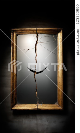 Cracked mirror with wooden frame and mysterious smile Cracked mirror with wooden frame and mysterious smile 125533990