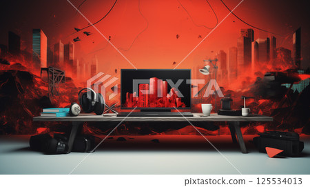 Futuristic Desk Setup with Modern Devices Against a Dynamic Urban Background 125534013