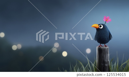 Cute Blck Bird on Post in Enchanted Evening Meadow fog 125534015