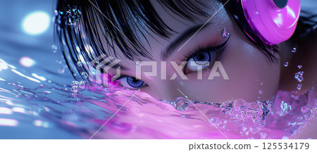 Close-Up Portrait of Woman in Neon Lighting with Futuristic Headset and Water Reflection 125534179