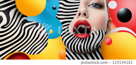 Stunning Abstract Pop Art Collage Featuring Woman's Face and Bold Patterns 125534181