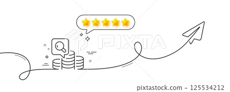 Inspect line icon. Continuous line with share plane. Budget accounting sign. Search money symbol. Five star rate review in speech bubble. Inspect single line ribbon. Loop curve pattern. Vector 125534212