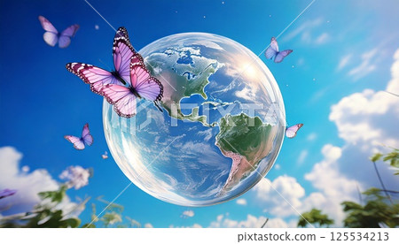 A 3DCG illustration of butterflies flapping their wings and gathering on a globe resembling a glass ball or a drop of water in the center of a natural background. A 3DCG illustration of butterflies flapping their wings and gathering on a globe resembling a glass ball or a drop of water in the center of a natural background. 125534213