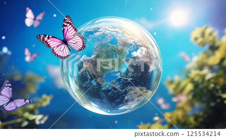 A 3DCG illustration of butterflies flapping their wings and gathering on a globe resembling a glass ball or a drop of water in the center of a natural background. A 3DCG illustration of butterflies flapping their wings and gathering on a globe resembling a glass ball or a drop of water in the center of a natural background. 125534214