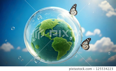 A 3DCG illustration of butterflies flapping their wings and gathering on the earth inside a bubble in the center of a natural background A 3DCG illustration of butterflies flapping their wings and gathering on the earth inside a bubble in the center of a natural background 125534223