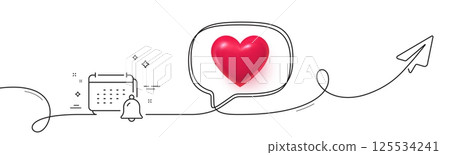 Notification bell line icon. Continuous line with share plane. Calendar sign. Event reminder symbol. 3d heart in speech bubble. Notification single line ribbon. Loop curve pattern. Vector Notification bell line icon. Continuous line with share plane. Calendar sign. Event reminder symbol. 3d heart in speech bubble. Notification single line ribbon. Loop curve pattern. Vector 125534241