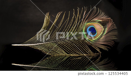Peacock feather on black or dark background in unreal magic style. Neon lights, soft luminescence 125534405