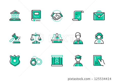Judicial and legal system - set of line design style icons 125534414
