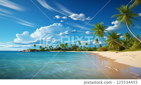 Calm tropical background, island beach landscape. Relax paradise, tranquil sea water with palm trees. Exotic shore coast. Beautiful sunrise sunset sunlight. Calm tropical background, island beach landscape. Relax paradise, tranquil sea water with palm trees. Exotic shore coast. Beautiful sunrise sunset sunlight. 125534455