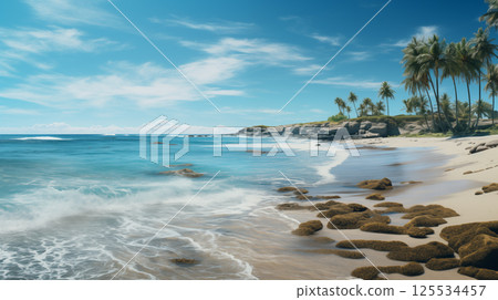 Calm tropical background, island beach landscape. Relax paradise, tranquil sea water with palm trees. Exotic shore coast. Beautiful sunrise sunset sunlight. 125534457