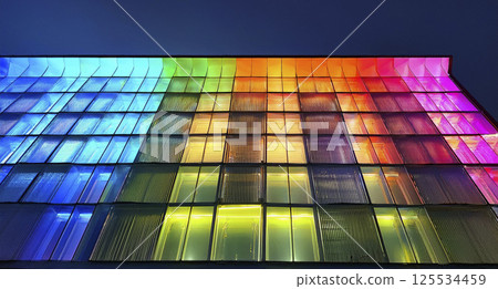 Minimalism multi-colored glass hi-tech abstract background. Design glowing neon technology rgb double-glazed windows. Layout cover. Lights night facades, panel. Minimalism multi-colored glass hi-tech abstract background. Design glowing neon technology rgb double-glazed windows. Layout cover. Lights night facades, panel. 125534459