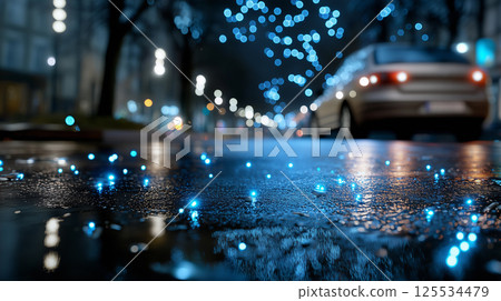 Glowing blue droplets on wet night street with bokeh lights and car - magical city rain and reflections scene 125534479