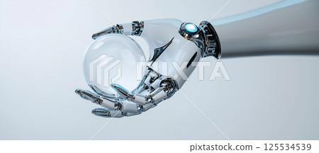 Chrome Robotic Hand Holding a Transparent Glass Sphere on White Background 125534539