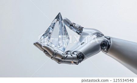 Chrome Robotic Hand Holding a Transparent Glass Pyramid on White Background 125534540