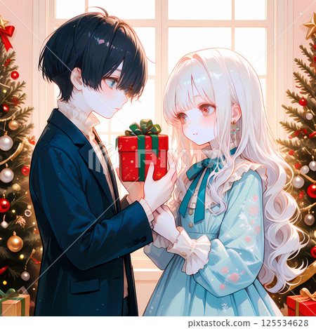 A couple giving each other gifts. Christmas for an albino girl and a blue-eyed young man. Manga-style AI illustration A couple giving each other gifts. Christmas for an albino girl and a blue-eyed young man. Manga-style AI illustration 125534628