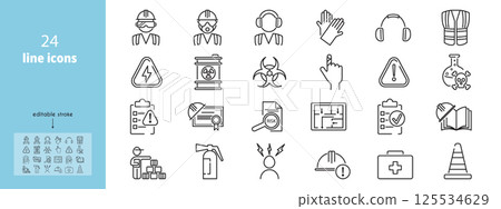 Line icon set illustrating workplace safety, fire protection, helmet use, and worker security. Includes evacuation plans, emergency response, accident prevention, and equipment standards. 125534629