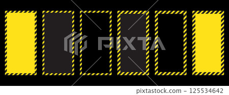 Set of vertical frames with warning tapes for safety signs. The striking yellow and black design is ideal for warning labels, construction notices and safety background images. 125534642