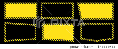 Set of frames with warning tapes for safety signs. The striking yellow and black design is ideal for warning labels, construction markings and safety backgrounds. 125534643