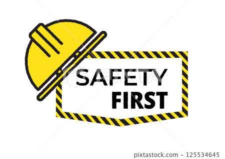 Safety first icon with caution sign and helmet. Construction vector for industrial protection, warning, and workplace security. Safety first icon with caution sign and helmet. Construction vector for industrial protection, warning, and workplace security. 125534645