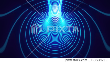 Dynamic blue neon light trails forming wave-like tunnel patterns in a dark digital space, representing motion and futuristic design Dynamic blue neon light trails forming wave-like tunnel patterns in a dark digital space, representing motion and futuristic design 125534719