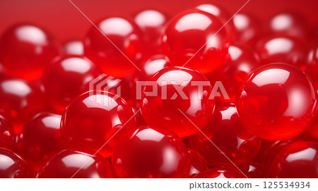 Red abstract background with spheres or balls composition plastic bright bubbles. Glossy rounded objects, modern trendy banner 125534934