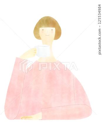 Woman drinking coffee and tea Woman drinking coffee and tea 125534984