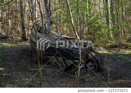 Old abandoned wooden fishing boat in the forest. Boats cemetery. Old abandoned wooden fishing boat in the forest. Boats cemetery. 125535071