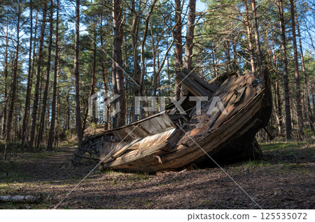 Old abandoned wooden fishing boat in the forest. Boats cemetery. 125535072