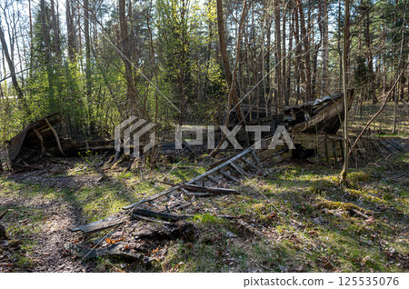 Old abandoned wooden fishing boat in the forest. Boats cemetery. Old abandoned wooden fishing boat in the forest. Boats cemetery. 125535076