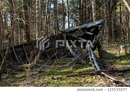 Old abandoned wooden fishing boat in the forest. Boats cemetery. Old abandoned wooden fishing boat in the forest. Boats cemetery. 125535077
