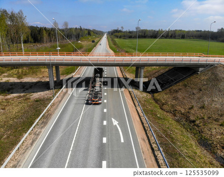 Aerial view of the highway with a truck passing through it. 125535099