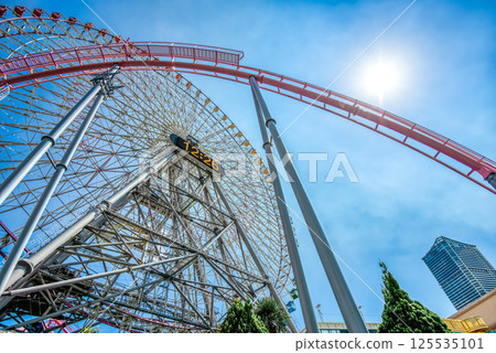 Yokohama Minatomirai cityscape Ferris wheel and roller coaster 125535101