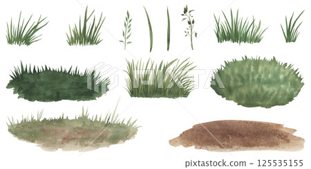 Watercolor set with green grass, lawn, lush herbs and abstract sand texture. Hand drawn watercolor Illustration of landscape rural or farm scene on isolated background. Spring clipart for cards design Watercolor set with green grass, lawn, lush herbs and abstract sand texture. Hand drawn watercolor Illustration of landscape rural or farm scene on isolated background. Spring clipart for cards design 125535155